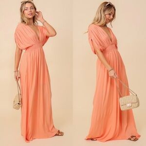Kimono Sleeve Boho Summer Vacation Peach Maxi Dress